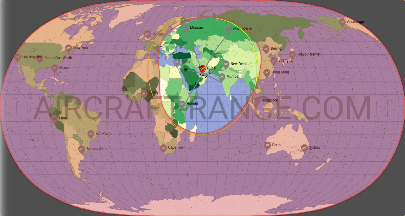 A320 flight range map from Dubai International Airport (DXB) with real wind data