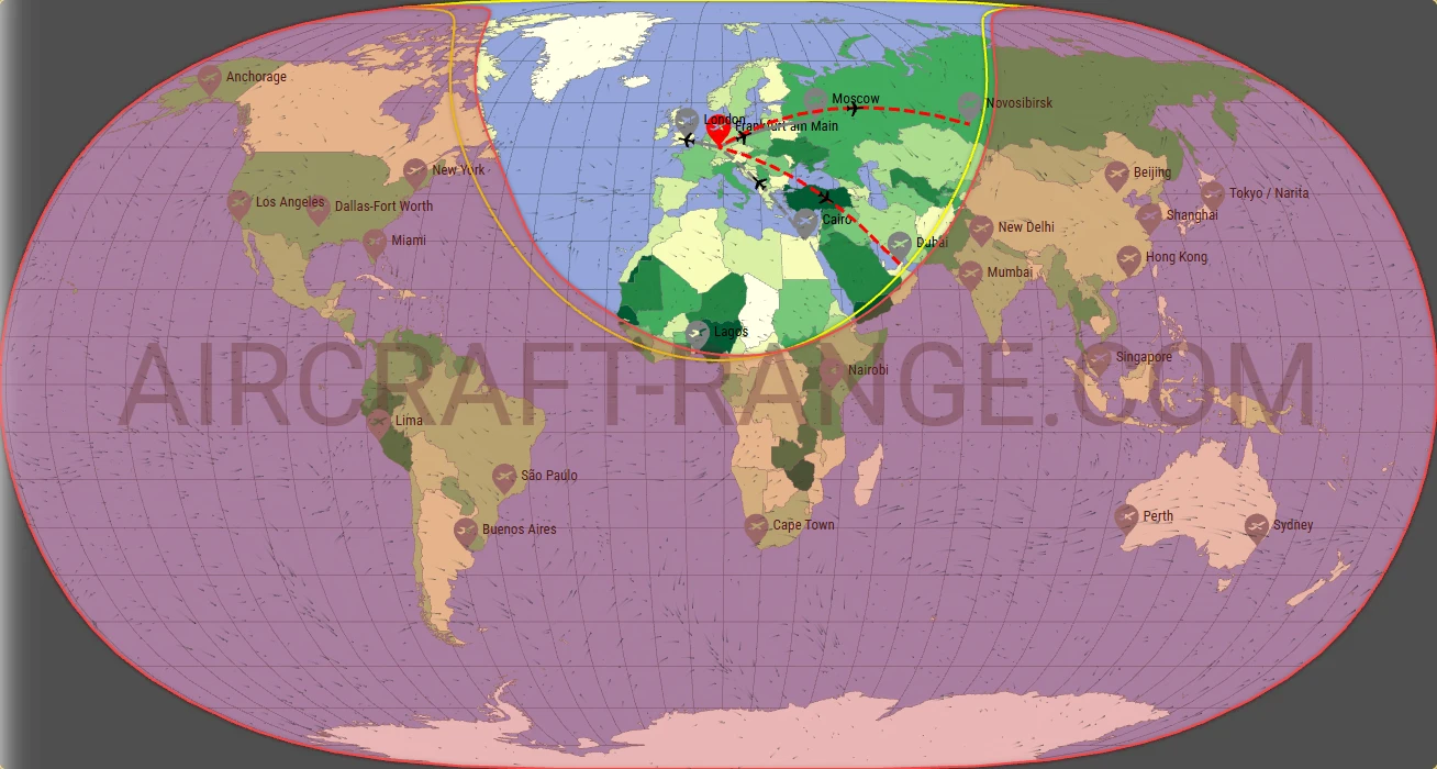 A320 flight range map from Frankfurt Main Airport (FRA) with real wind data
