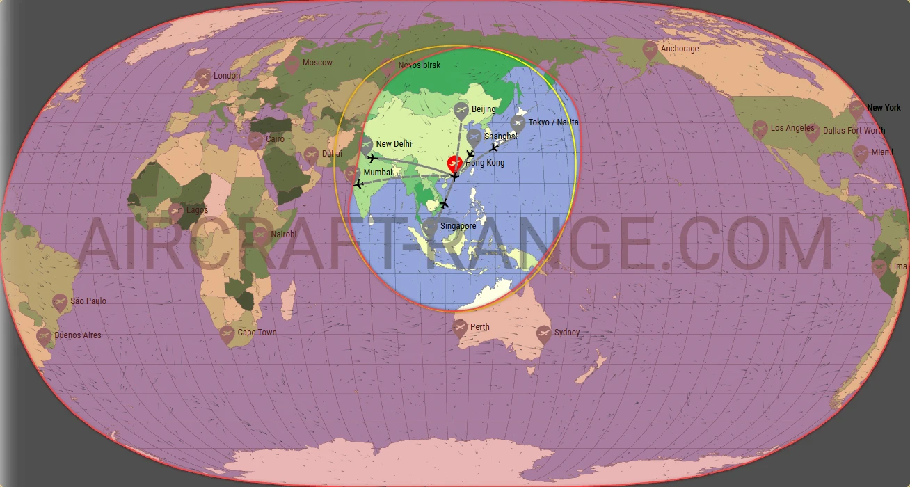 A320 flight range map from Hong Kong International Airport (HKG) with real wind data