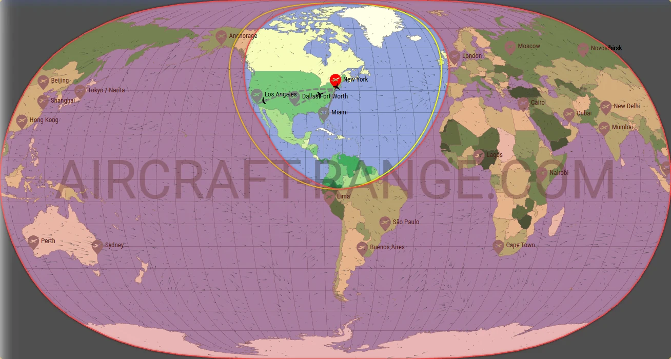 A320 flight range map from John F. Kennedy International Airport (JFK) with real wind data