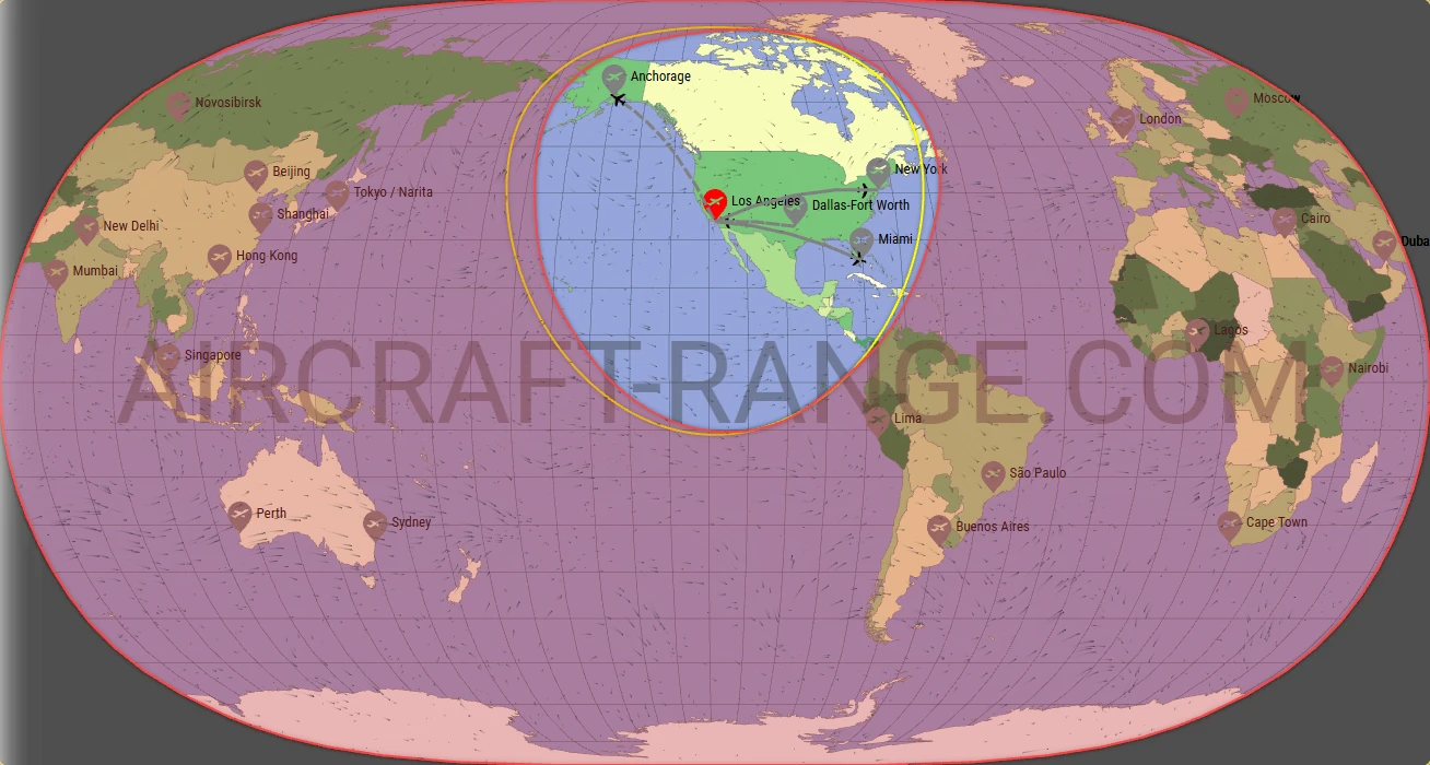 A320 flight range map from Los Angeles International Airport (LAX) with real wind data