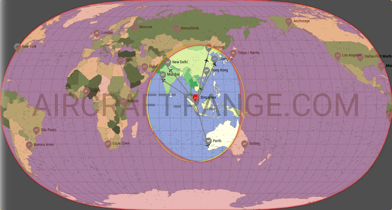 A320 flight range map from Singapore Changi Airport (SIN) with real wind data