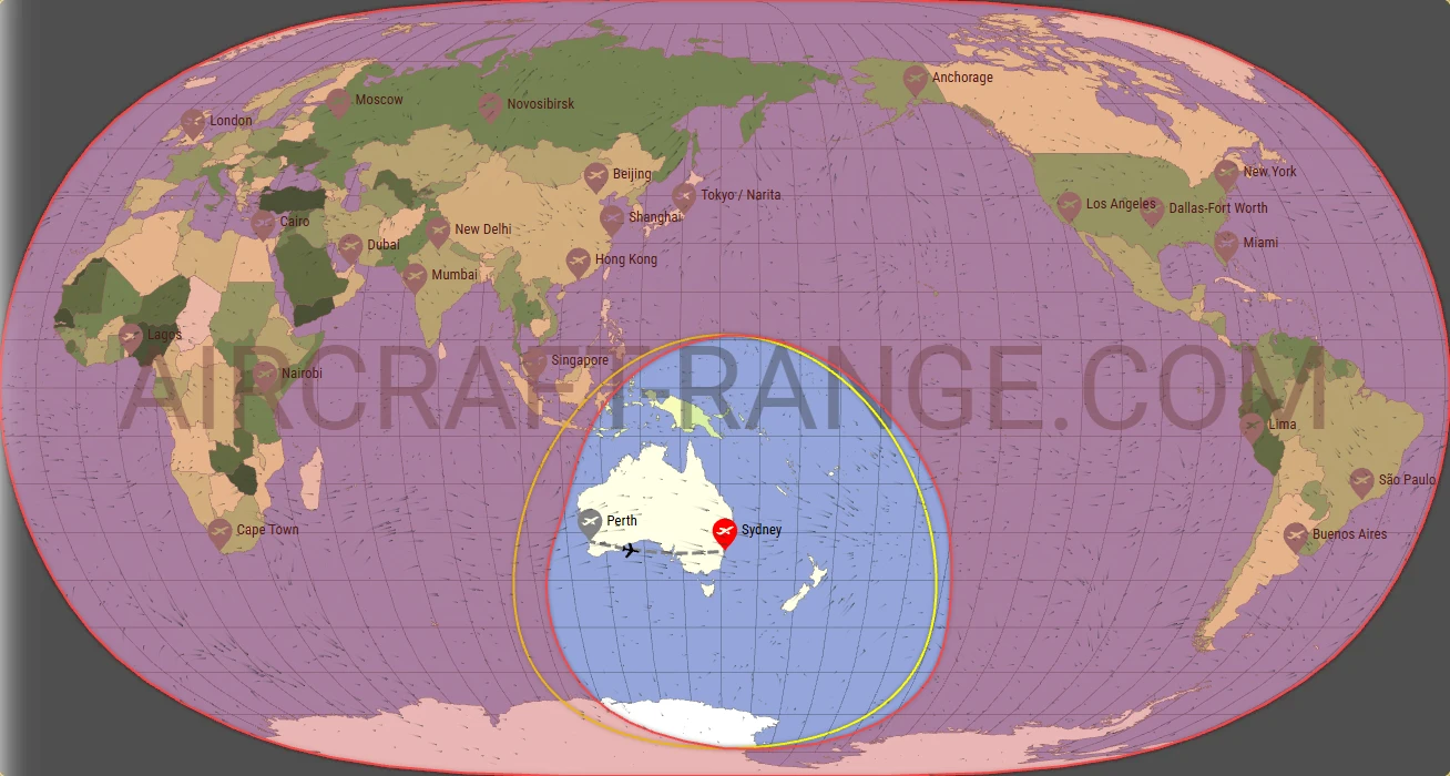A320 flight range map from Sydney Kingsford Smith International Airport (SYD) with real wind data