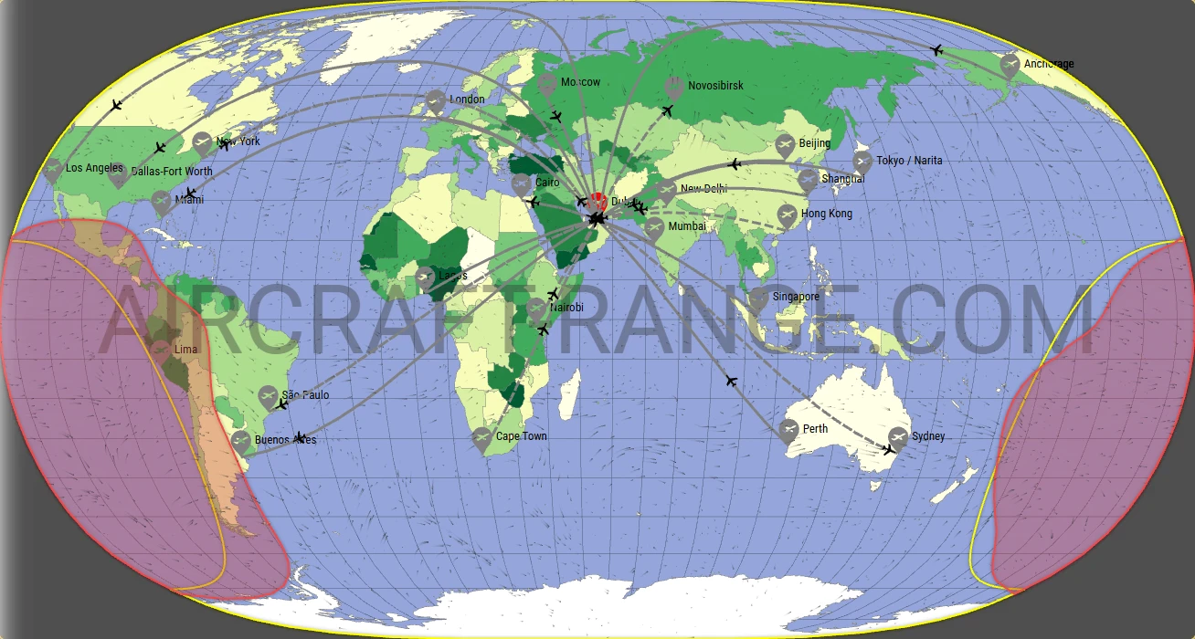 A350-900 XWB flight range map from Dubai International Airport (DXB) with real wind data