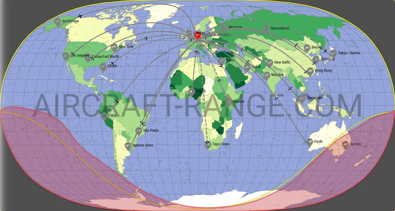 A350-900 XWB flight range map from Frankfurt Main Airport (FRA) with real wind data