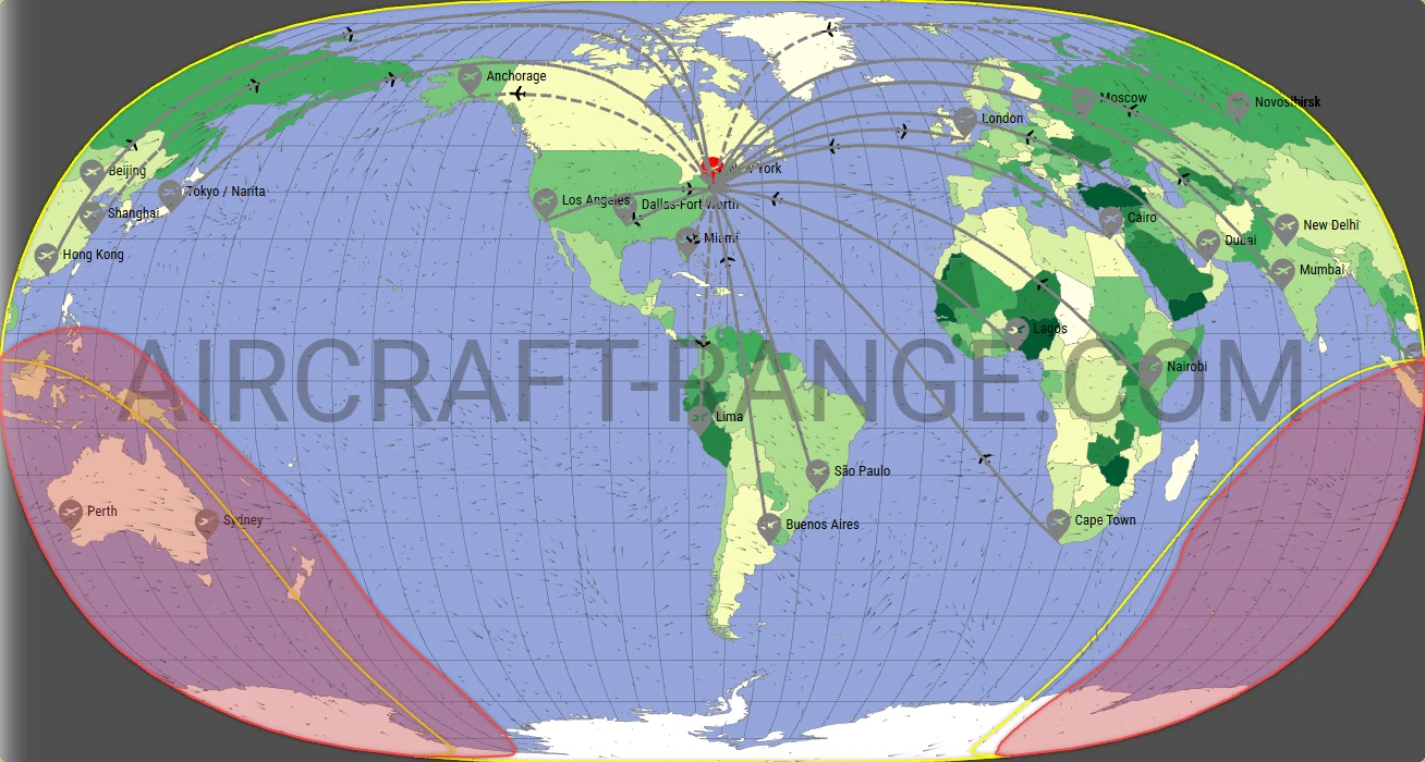 A350-900 XWB flight range map from John F. Kennedy International Airport (JFK) with real wind data