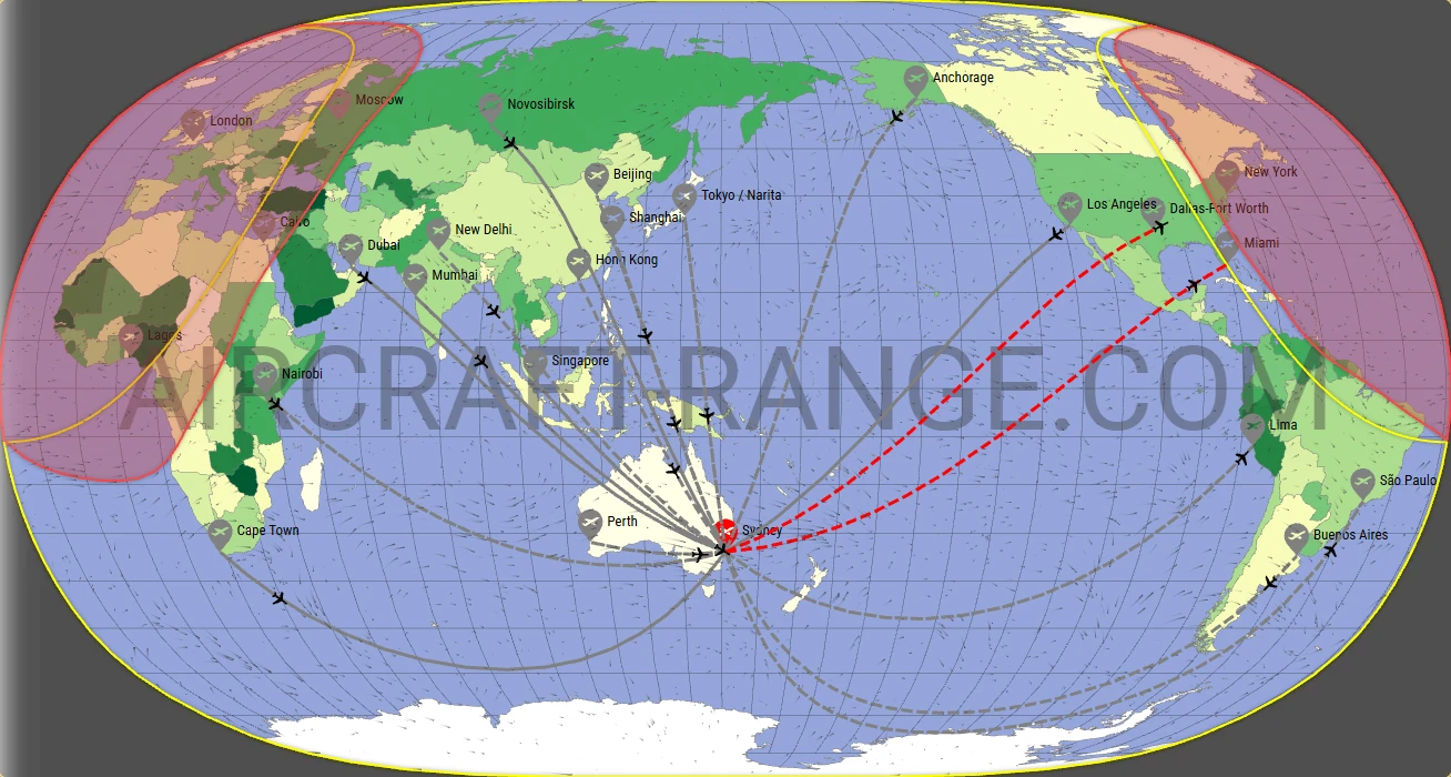 A350-900 XWB flight range map from Sydney Kingsford Smith International Airport (SYD) with real wind data