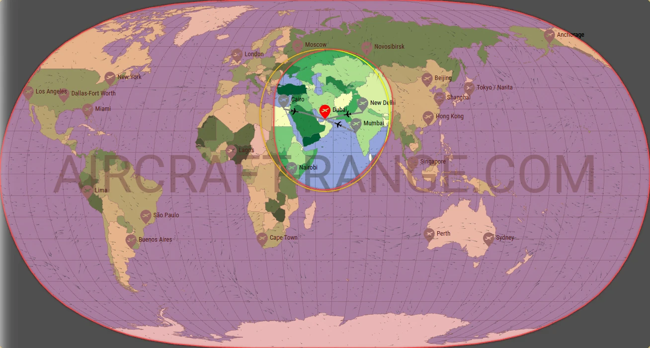 Boeing 737-800 flight range map from Dubai International Airport (DXB) with real wind data