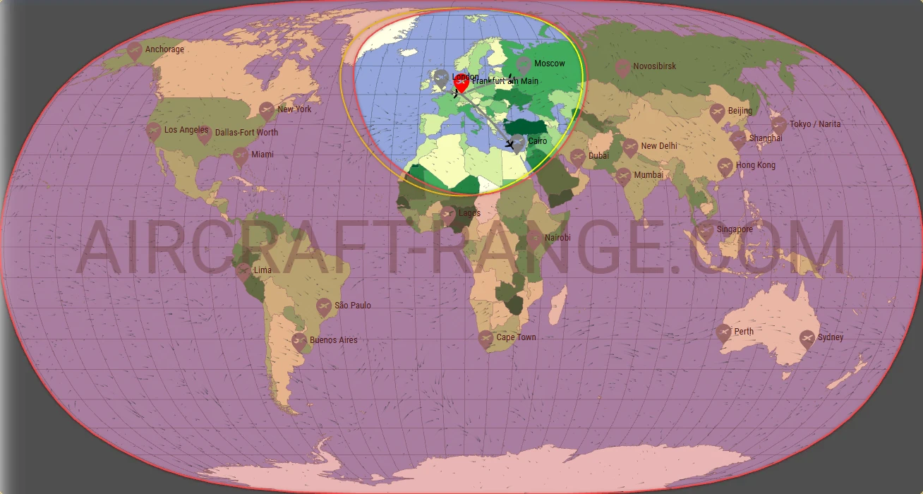 Boeing 737-800 flight range map from Frankfurt Main Airport (FRA) with real wind data