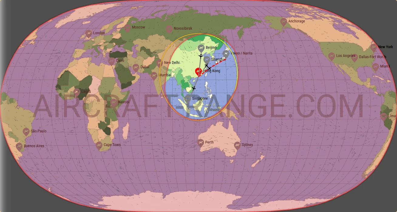 Boeing 737-800 flight range map from Hong Kong International Airport (HKG) with real wind data