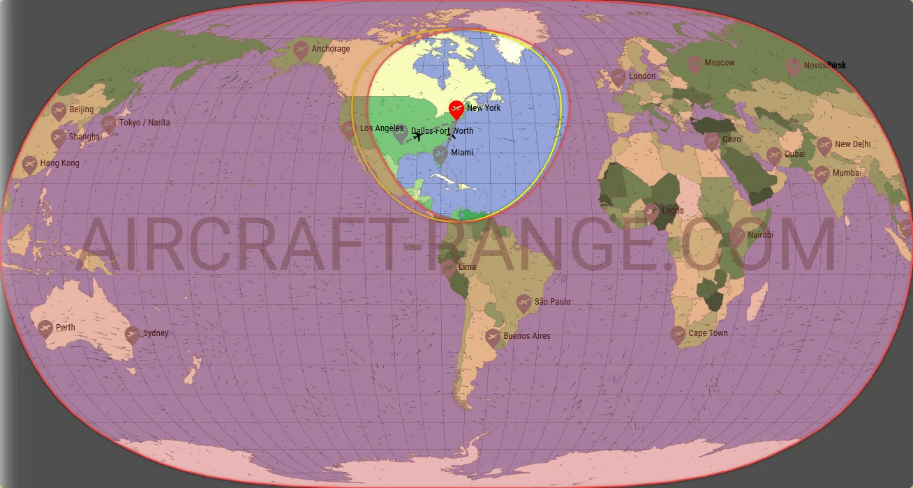 Boeing 737-800 flight range map from John F. Kennedy International Airport (JFK) with real wind data