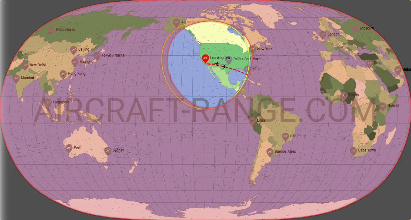 Boeing 737-800 flight range map from Los Angeles International Airport (LAX) with real wind data