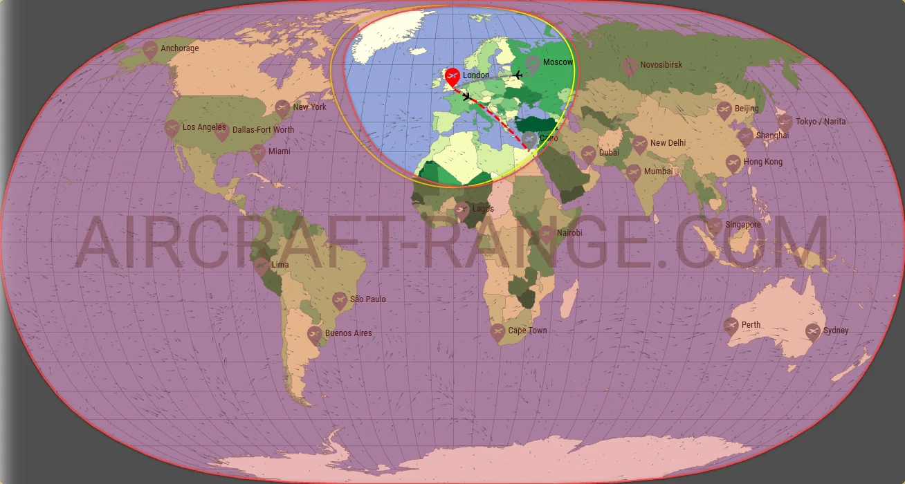 Boeing 737-800 flight range map from London Heathrow Airport (LHR) with real wind data