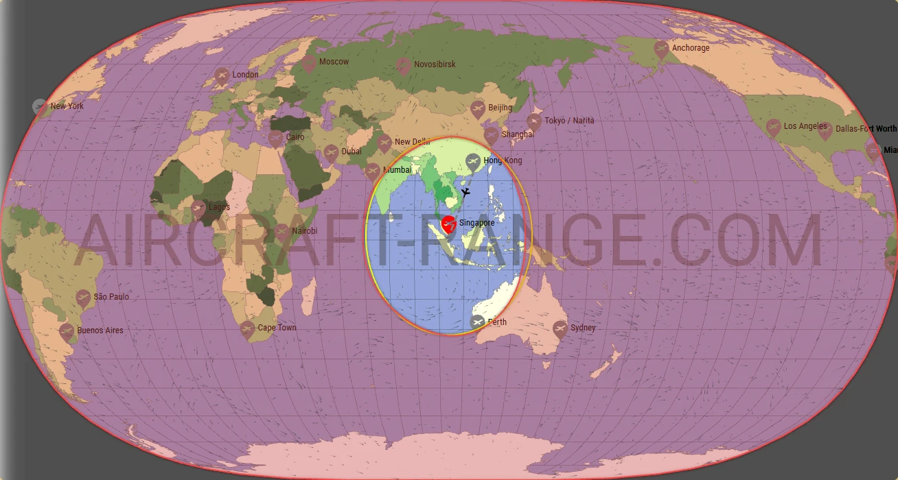 Boeing 737-800 flight range map from Singapore Changi Airport (SIN) with real wind data