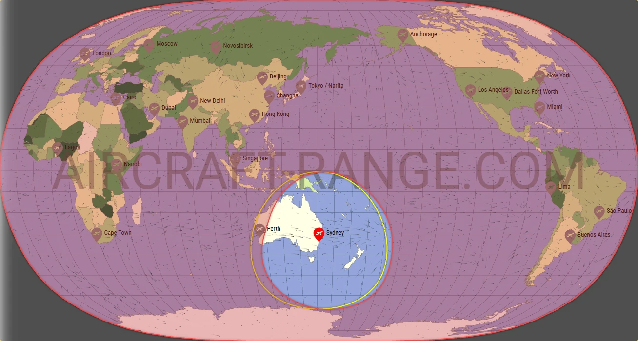 Boeing 737-800 flight range map from Sydney Kingsford Smith International Airport (SYD) with real wind data