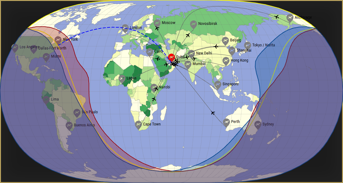Interactive SVG map showing the flight range of a BOEING 777-300 from Dubai International Airport (DXB) with real wind data.