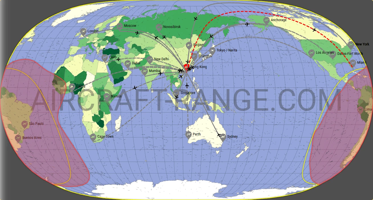 Boeing 777-300ER flight range map from Hong Kong International Airport (HKG) with real wind data