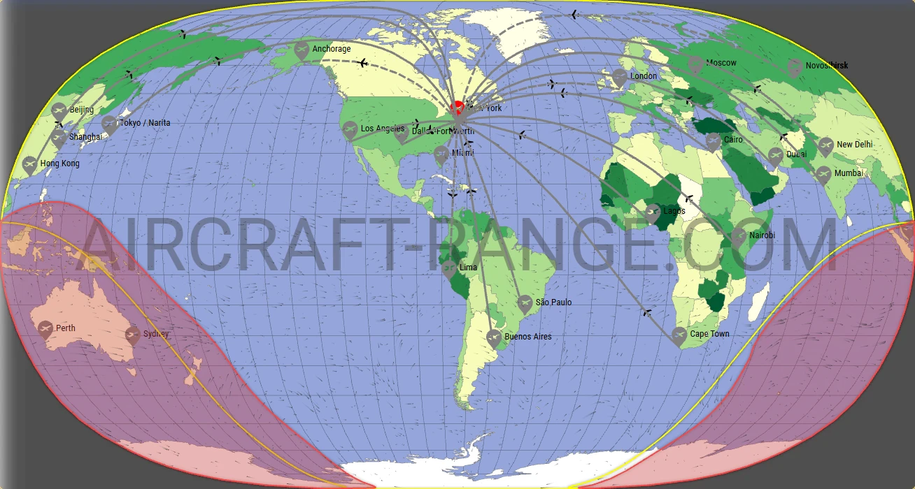 Boeing 777-300ER flight range map from John F. Kennedy International Airport (JFK) with real wind data