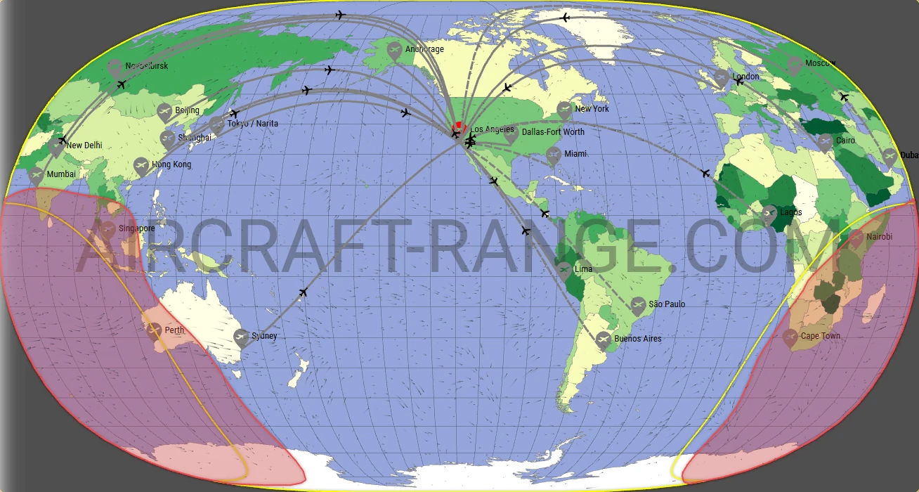 Boeing 777-300ER flight range map from Los Angeles International Airport (LAX) with real wind data