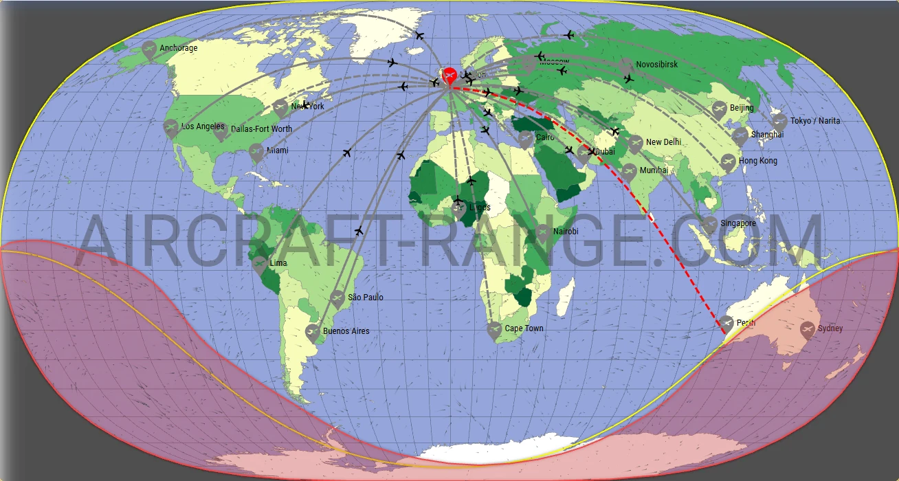 Boeing 777-300ER flight range map from London Heathrow Airport (LHR) with real wind data
