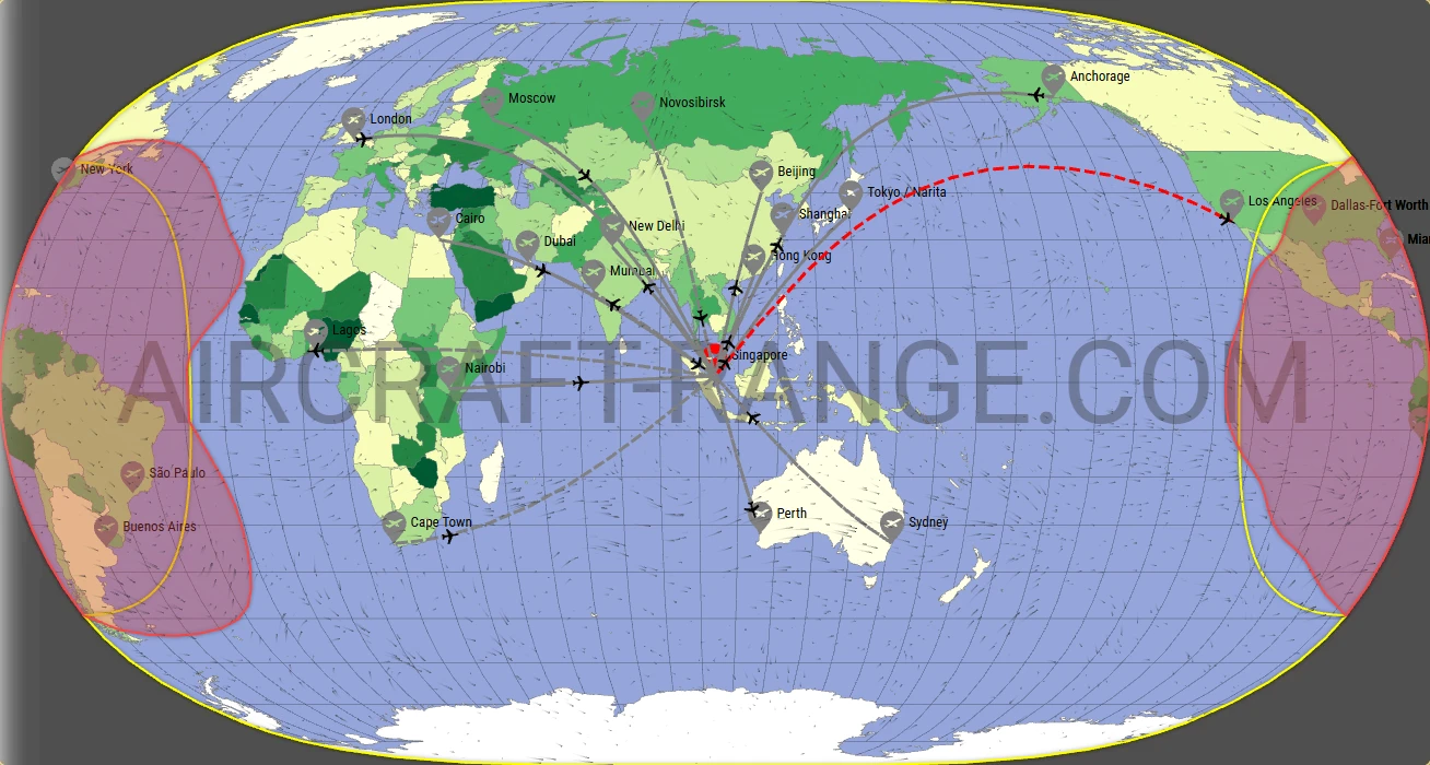 Boeing 777-300ER flight range map from Singapore Changi Airport (SIN) with real wind data
