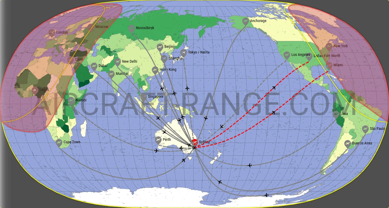Boeing 777-300ER flight range map from Sydney Kingsford Smith International Airport (SYD) with real wind data