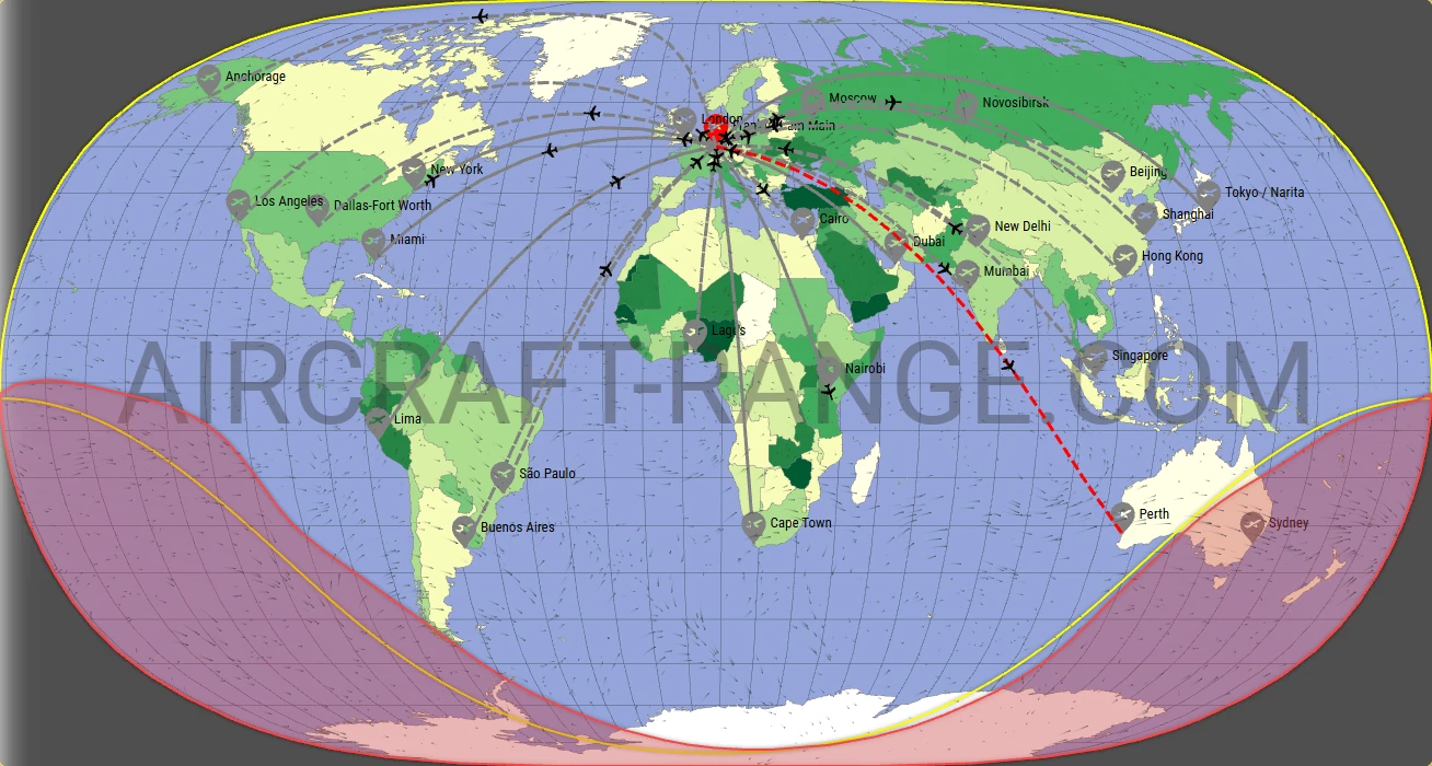 Boeing 787-8 Dreamliner flight range map from Frankfurt Main Airport (FRA) with real wind data