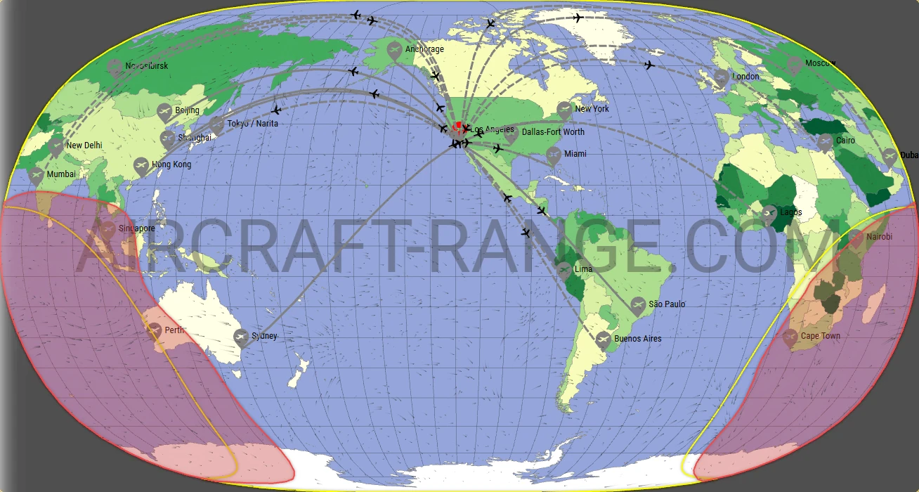 Boeing 787-8 Dreamliner flight range map from Los Angeles International Airport (LAX) with real wind data