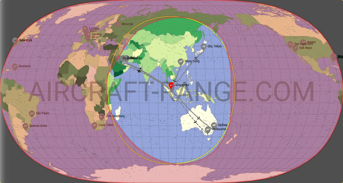 Challenger 650 broker route map from Singapore Changi Airport (WSSS)