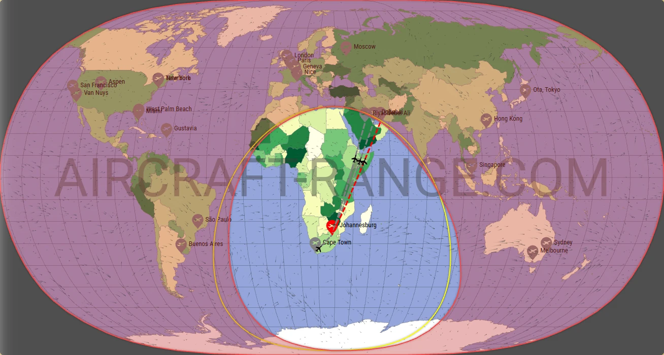 Citation Longitude broker route map from O.R. Tambo International Airport (FAOR)