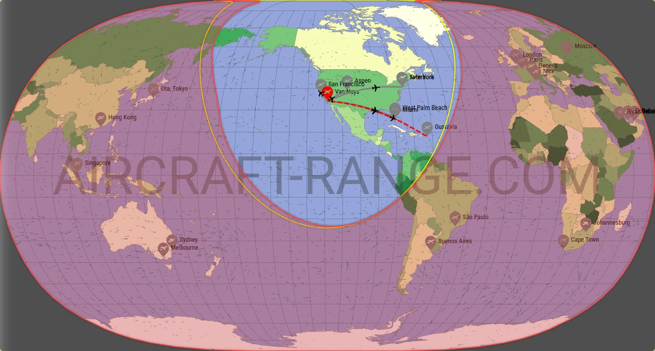 Citation Longitude broker route map from Van Nuys Airport (KVNY)