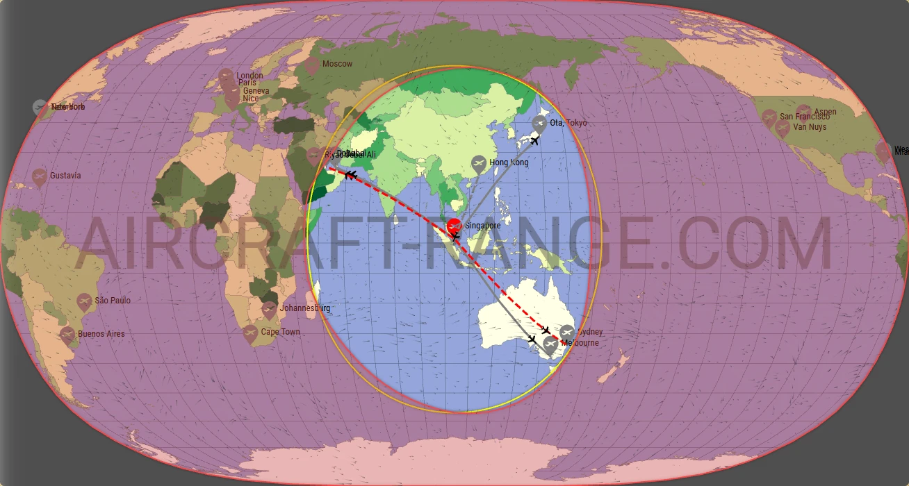 Citation Longitude broker route map from Singapore Changi Airport (WSSS)