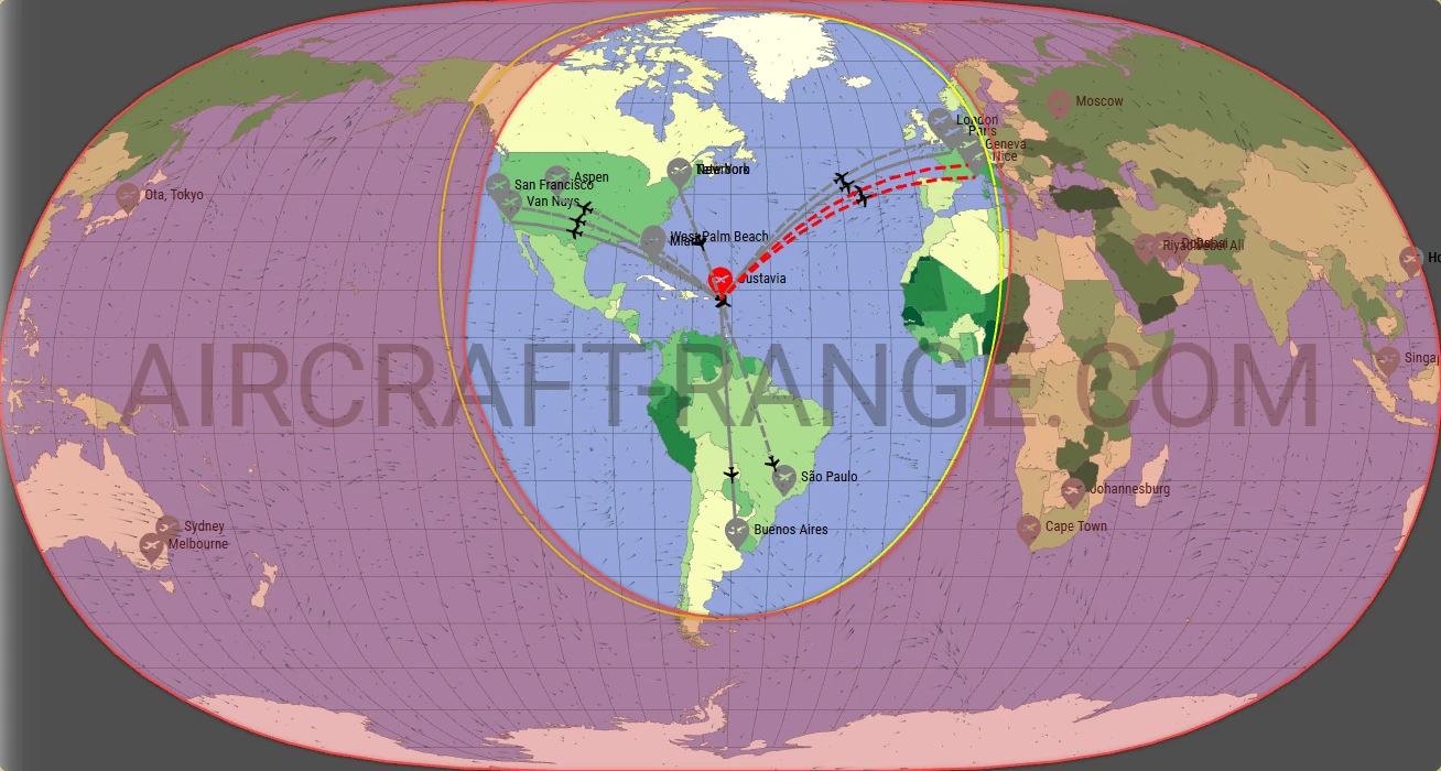 Embraer Praetor 600 broker route map from St. Jean Airport (TFFJ)