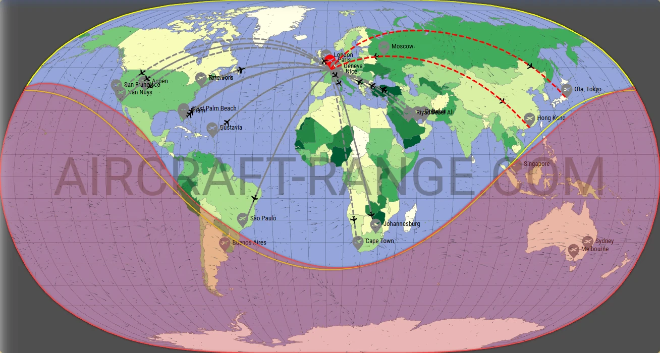 Falcon 6X broker route map from Paris-Le Bourget International Airport (LFPB)