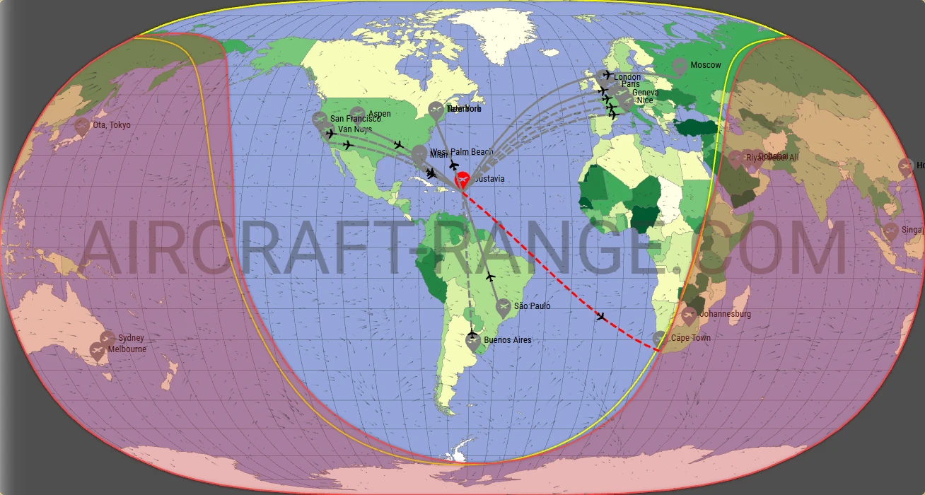 Falcon 6X broker route map from St. Jean Airport (TFFJ)