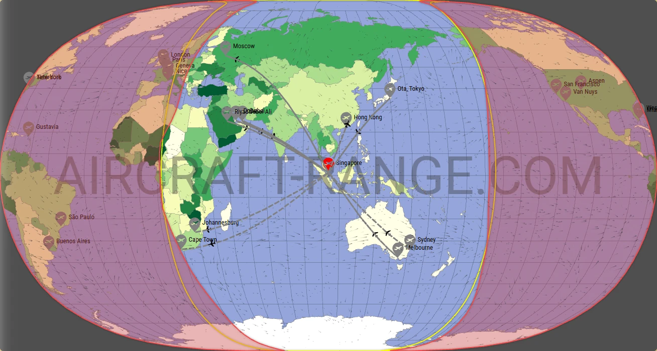 Falcon 6X broker route map from Singapore Changi Airport (WSSS)