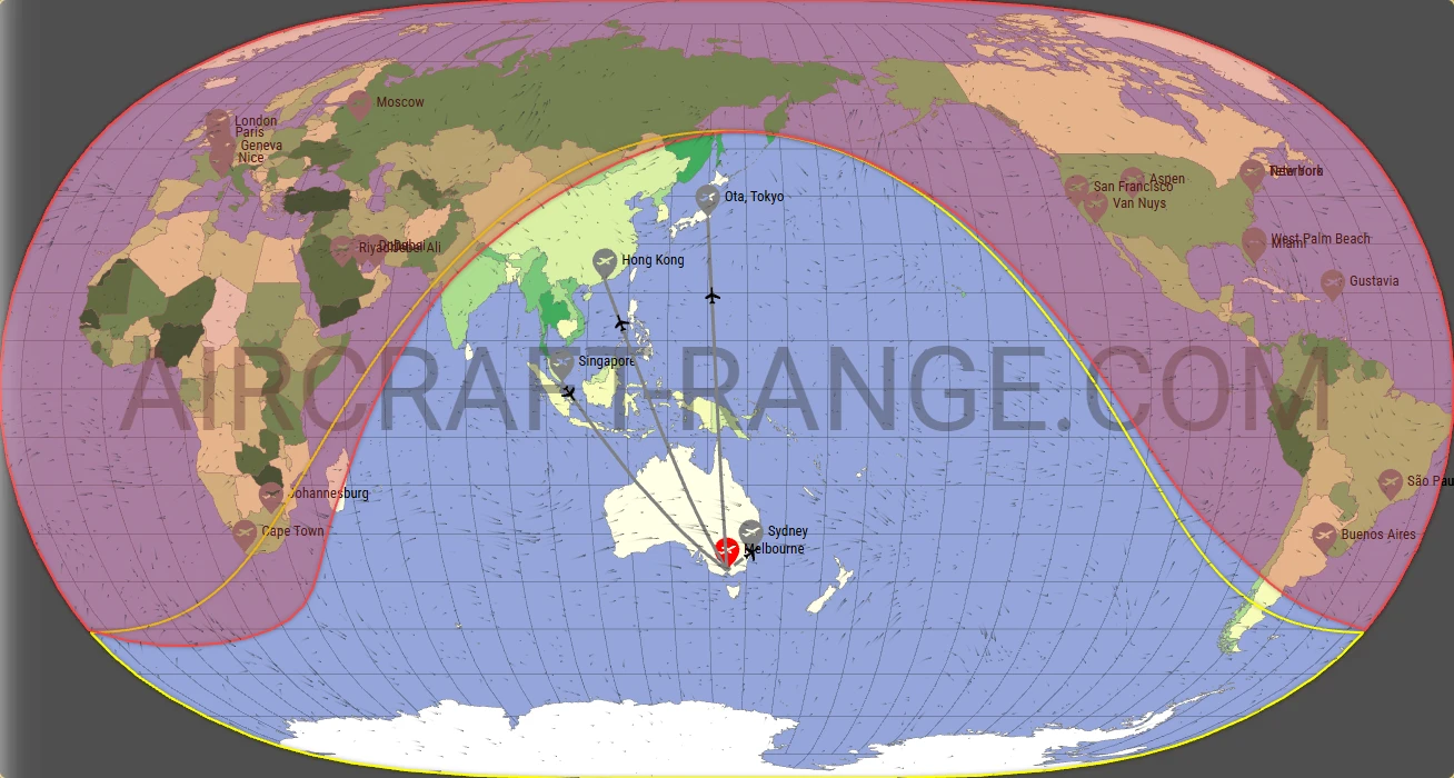 Falcon 6X broker route map from Melbourne Airport (YMML)