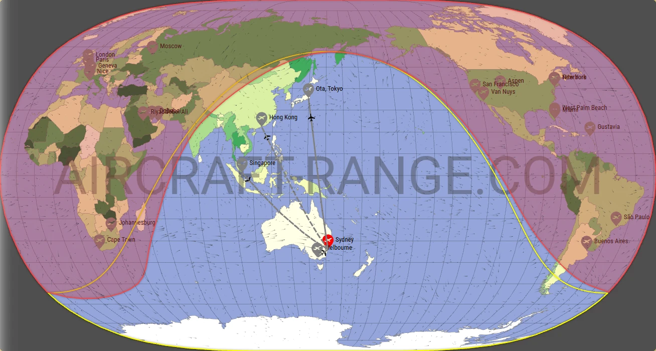 Falcon 6X broker route map from Sydney Kingsford Smith International Airport (YSSY)
