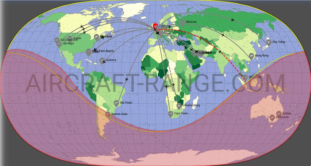 Falcon 7X broker route map from London City Airport (EGLC)