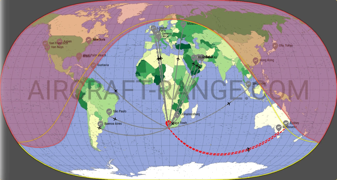 Falcon 7X broker route map from Cape Town International Airport (FACT)