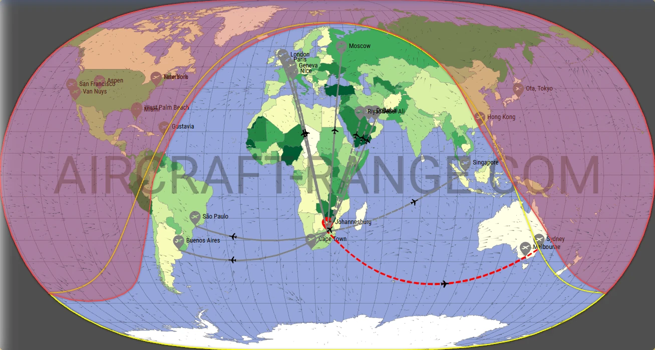 Falcon 7X broker route map from O.R. Tambo International Airport (FAOR)