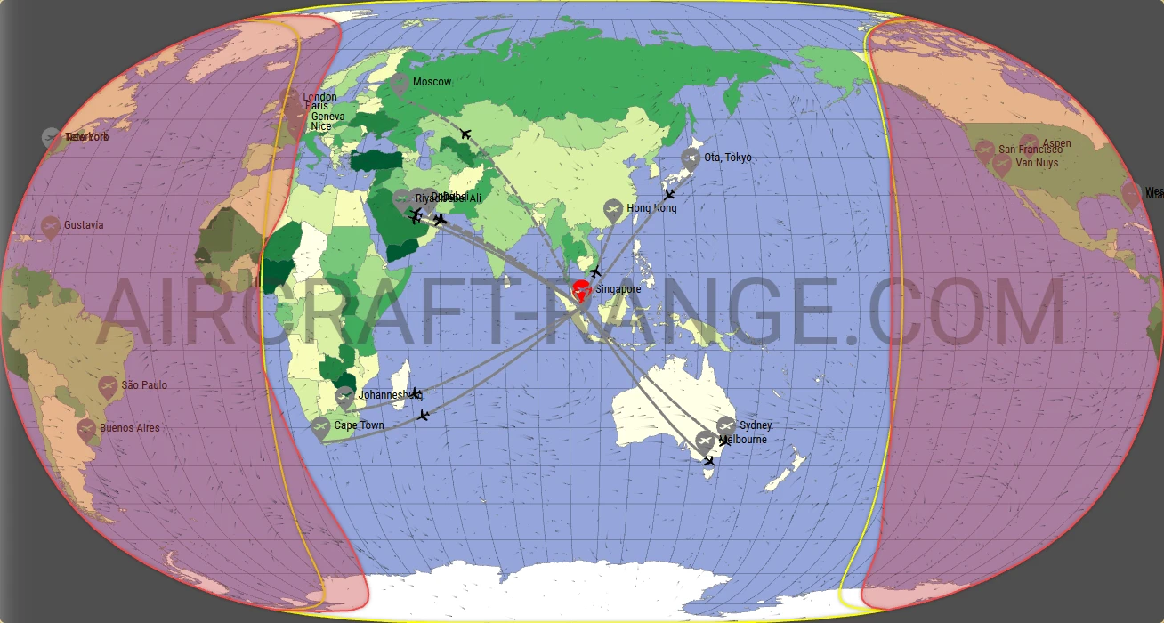 Falcon 7X broker route map from Singapore Changi Airport (WSSS)