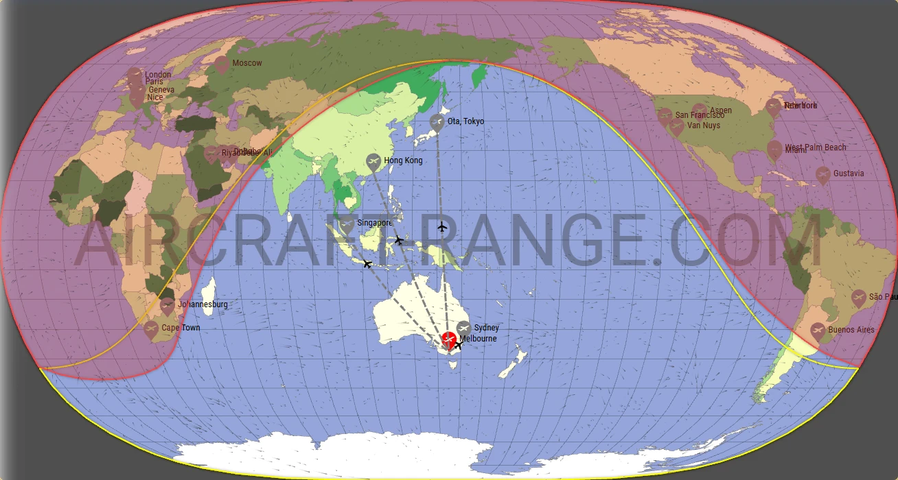 Falcon 7X broker route map from Melbourne Airport (YMML)
