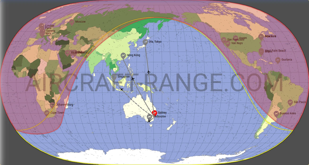 Falcon 7X broker route map from Sydney Kingsford Smith International Airport (YSSY)