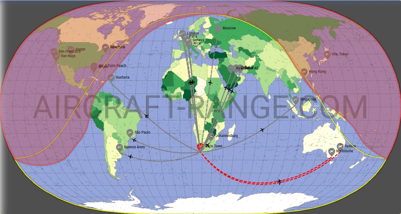 Falcon 8X broker route map from Cape Town International Airport (FACT)