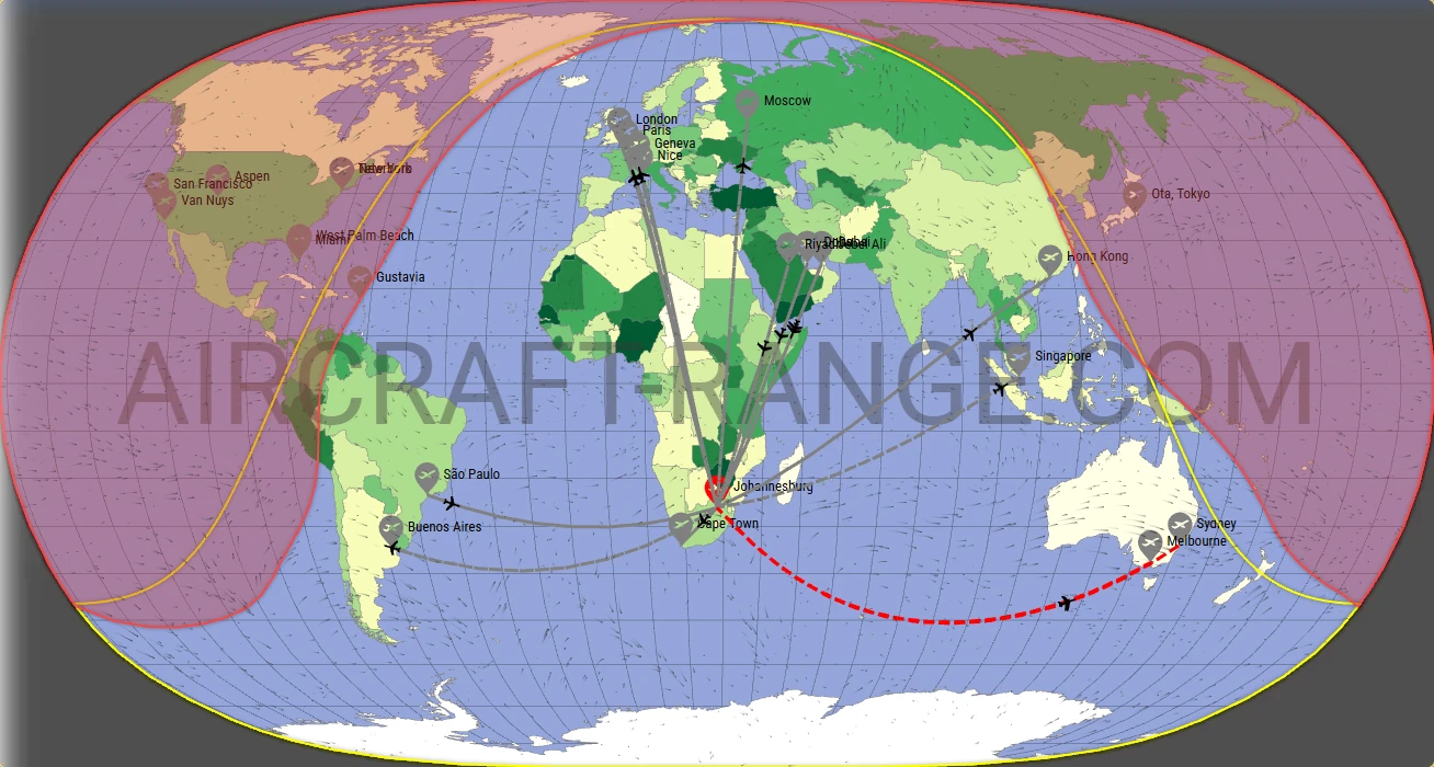 Falcon 8X broker route map from O.R. Tambo International Airport (FAOR)