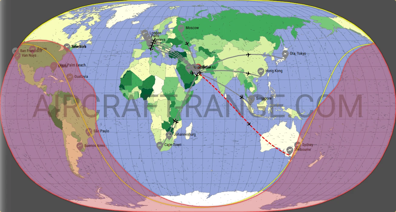 Falcon 8X broker route map from Dubai International Airport (OMDB)