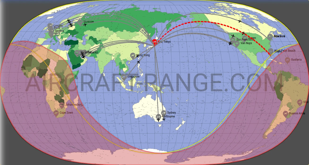 Falcon 8X broker route map from Tokyo Haneda International Airport (RJTT)