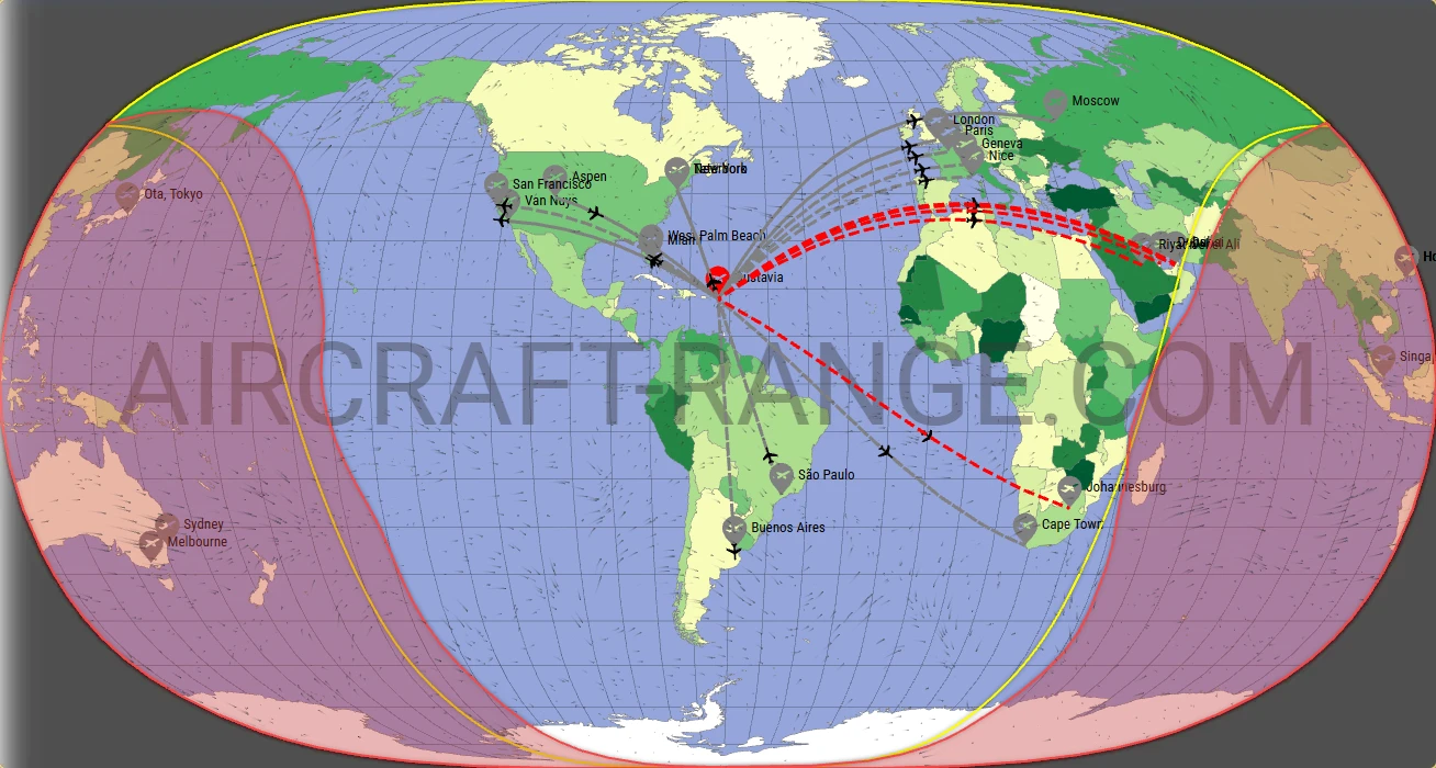 Falcon 8X broker route map from St. Jean Airport (TFFJ)