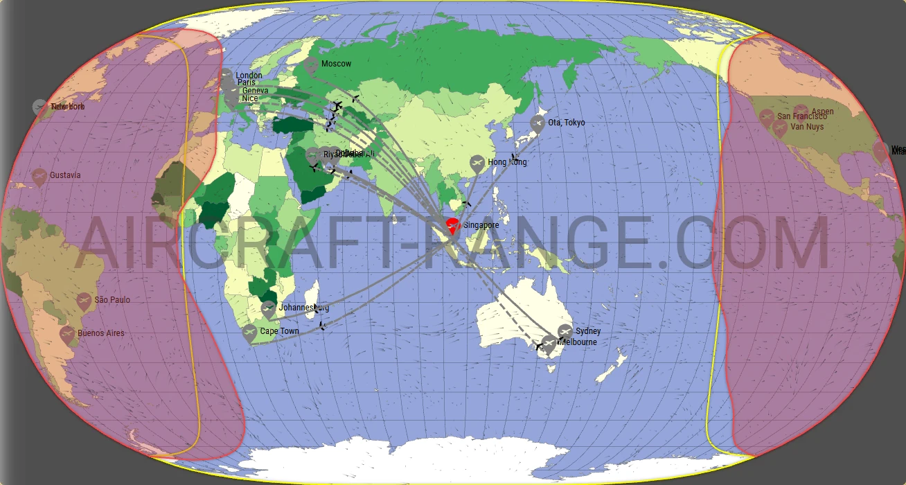 Falcon 8X broker route map from Singapore Changi Airport (WSSS)